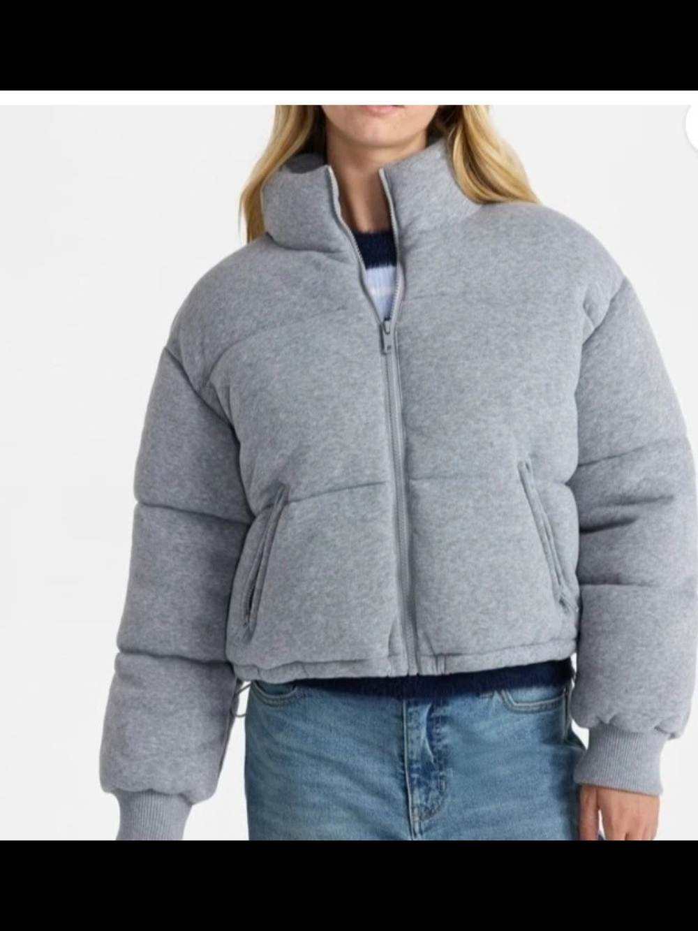 No Boundaries Knit Puffer Jacket Gray Mock Neck Full Zip Soft Bungee Junior
